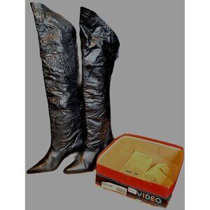 Vintage Knee High Boots Corset Lace Up Black Leather Video Women 7.5 Orig Box